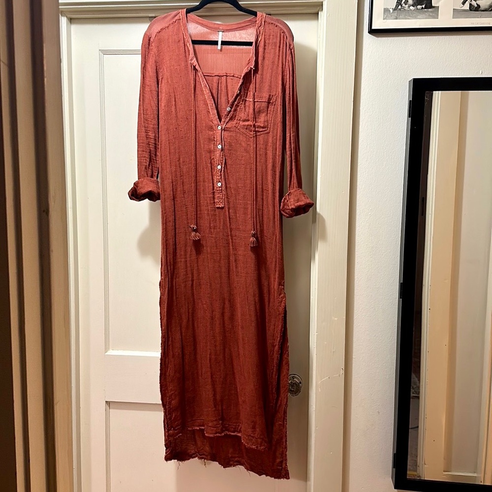 Free People copper linen button up maxi dress